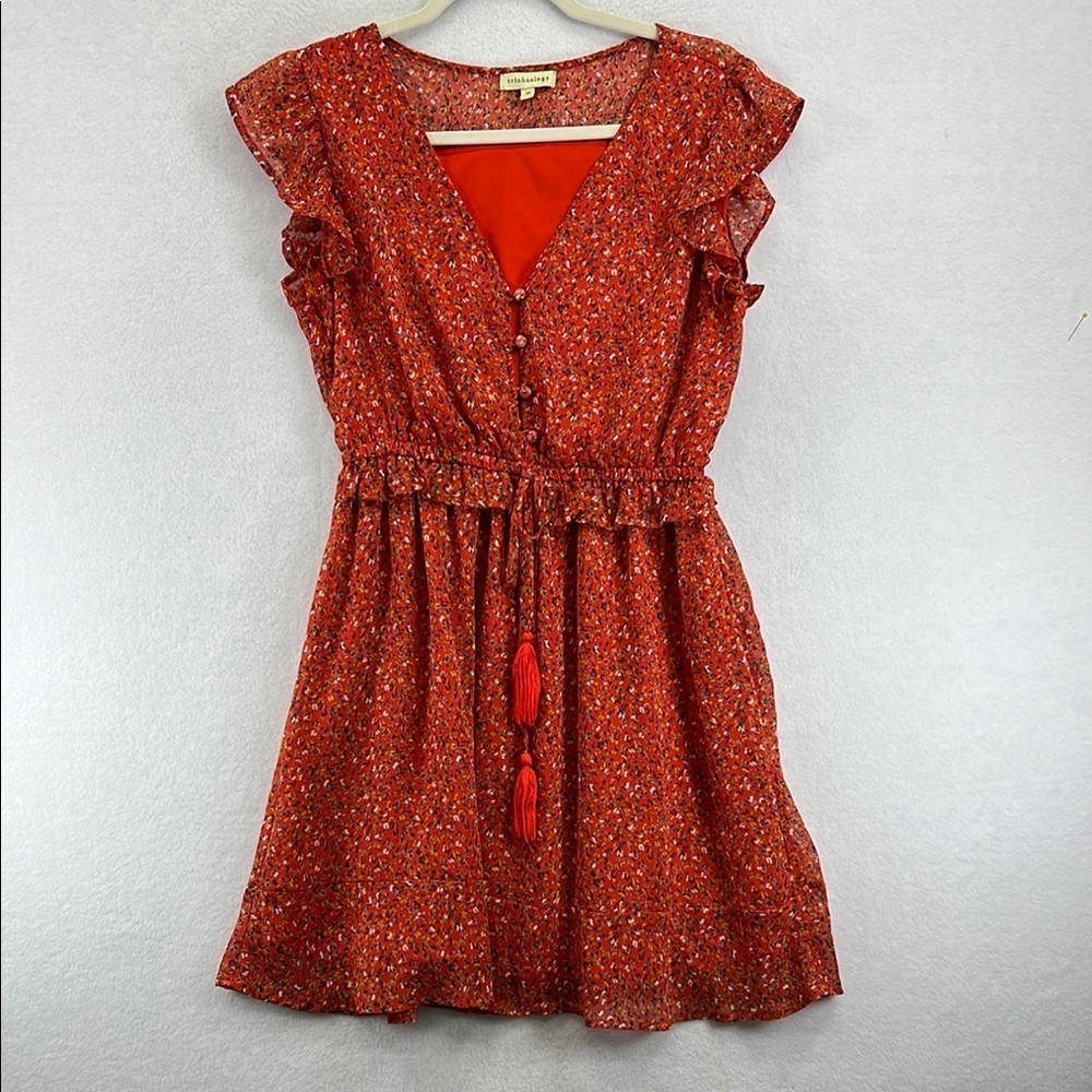Trinhnology Summer Dress Size M Red-Orange Floral Print Ruffled V-Neck EUC